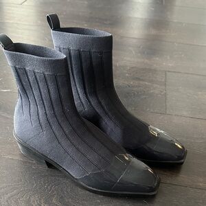 Black Knit Sock Ankle Boots with Patent Toe